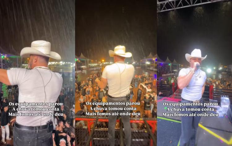 Chuva forte interrompe show da dupla Brenno & Matheus em rodeio no interior de SP
