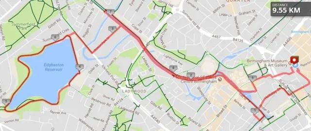 Route overview of the 10km Run Loop Birmingham