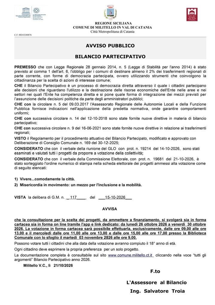 Con la presente news si avvisa la cittadinanza che la consultazione per la scelta dei progetti da ammettere a finanziame...