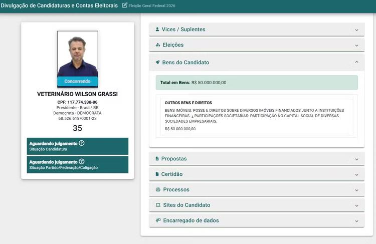Candidato a presidente pelo Democrata, Wilson Grassi declara R$ 50 milhões em bens; vice informa R$ 460 mil