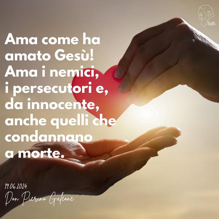 19.06.24
Ama come ha amato Gesù! Ama i nemici, i persecutori e, da innocente, anche quelli che condannano a morte.

Don Pierino Galeone