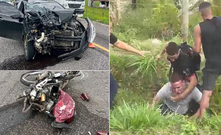 Homem dá 'mata-leão' em motorista após acidente com morte na RJ-138, em Araruama; VÍDEO
