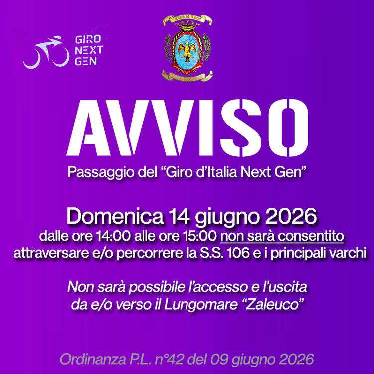 🔴 𝐀𝐕𝐕𝐈𝐒𝐎 ➡ Si comunica che 𝐝𝐨𝐦𝐞𝐧𝐢𝐜𝐚 𝟏𝟒 𝐠𝐢𝐮𝐠𝐧𝐨 2026, in occasione del passaggio dei ciclisti unita...