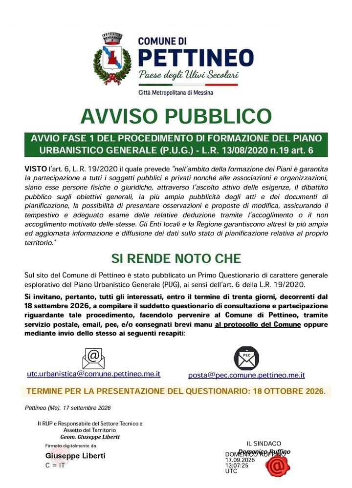 📢 **AVVIO DELLA FASE 1 PER LA FORMAZIONE DEL PIANO URBANISTICO GENERALE (P.U.G.)** Il Comune di Pettineo avvia il perco...