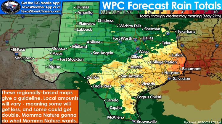 WPC forecast rain totals for Texas through Wednesday morning, May 27, showing heavier rainfall potential across South-Central, Southeast, and East Texas.
