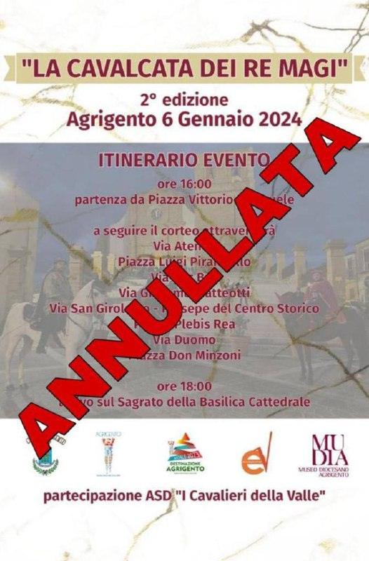 Evento “La cavalcata dei re Magi” annullato a causa delle condizioni meteo avverse.