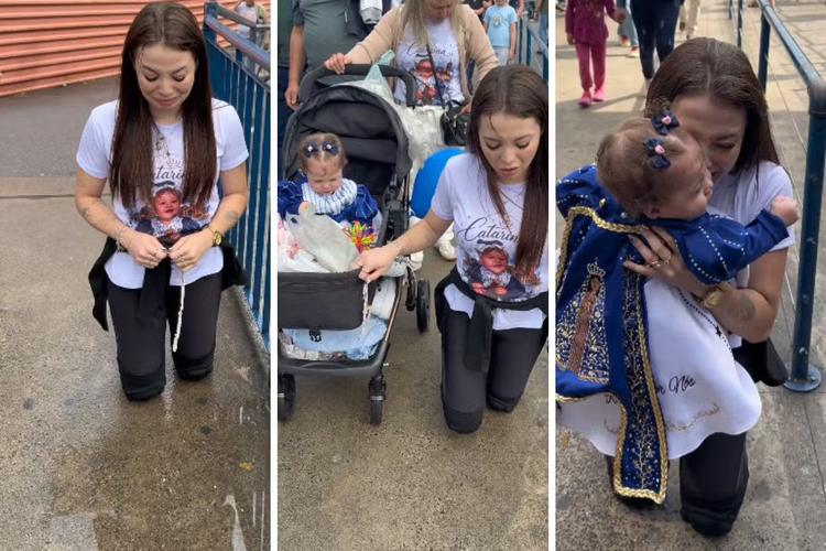Mãe percorre 392 metros de joelhos no Santuário de Aparecida após filha prematura ficar na UTI e quase perder a visão: 'Chorei de alívio'