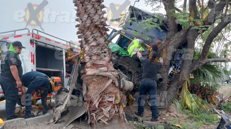 Camión de volteo se estrella contra árbol en la Oaxtepec-Cuautla; chofer queda atrapado