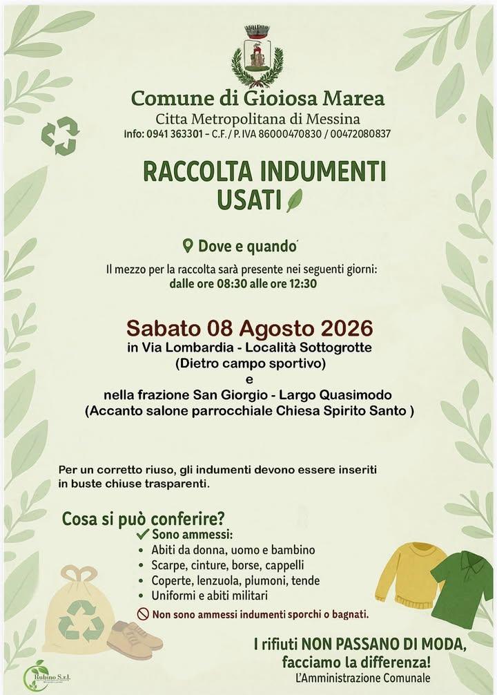 Raccolta Indumenti Usati ♻️ 📅 Sabato 8 agosto 2026 🕣 Dalle 08:30 alle 12:30 📍 Punti di raccolta: