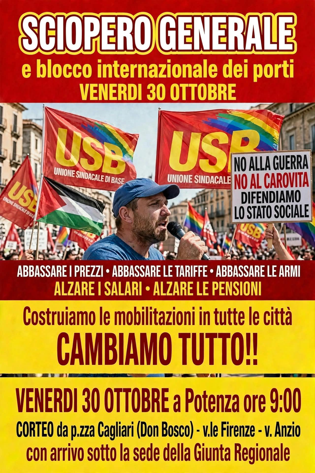 Potenza, venerdì 30 ottobre sciopero generale proclamato dalla USB