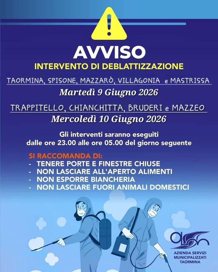 ASM informa che saranno effettuati interventi di deblattizzazione: 🗓️9 giugno 2026: Taormina, Spisone, Mazzaró, Villago...