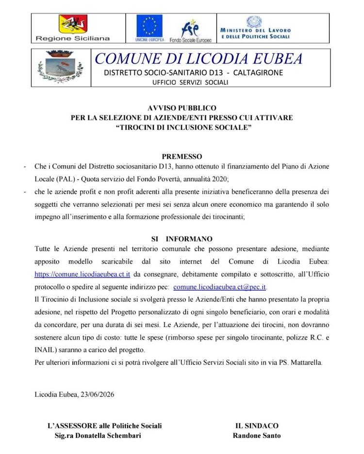 📢📍AVVISO PUBBLICO PER LA SELEZIONE DI AZIENDE/ENTI PRESSO CUI ATTIVARE "TIROCINI DI INCLUSIONE SOCIALE"