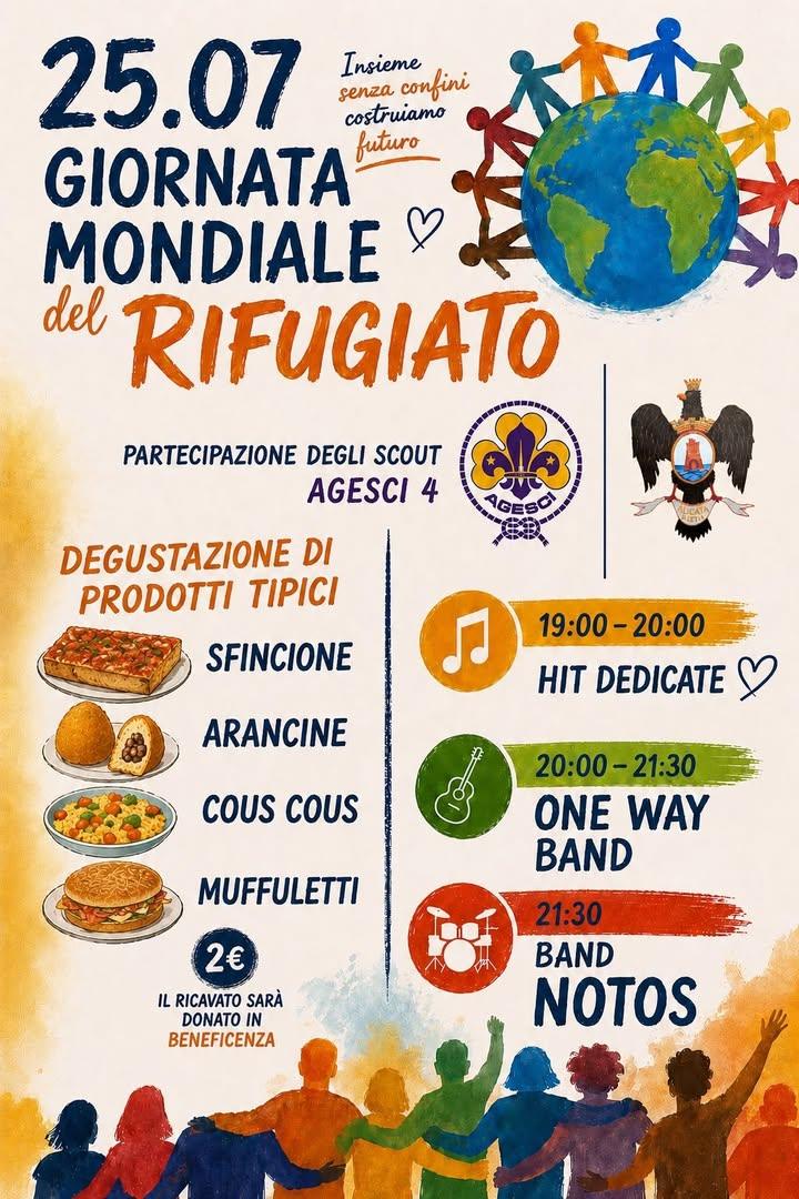 🌍 GIORNATA MONDIALE DEL RIFUGIATO Sabato 25 Luglio si terrà un’iniziativa dedicata alla Giornata Mondiale del Rifugiato...