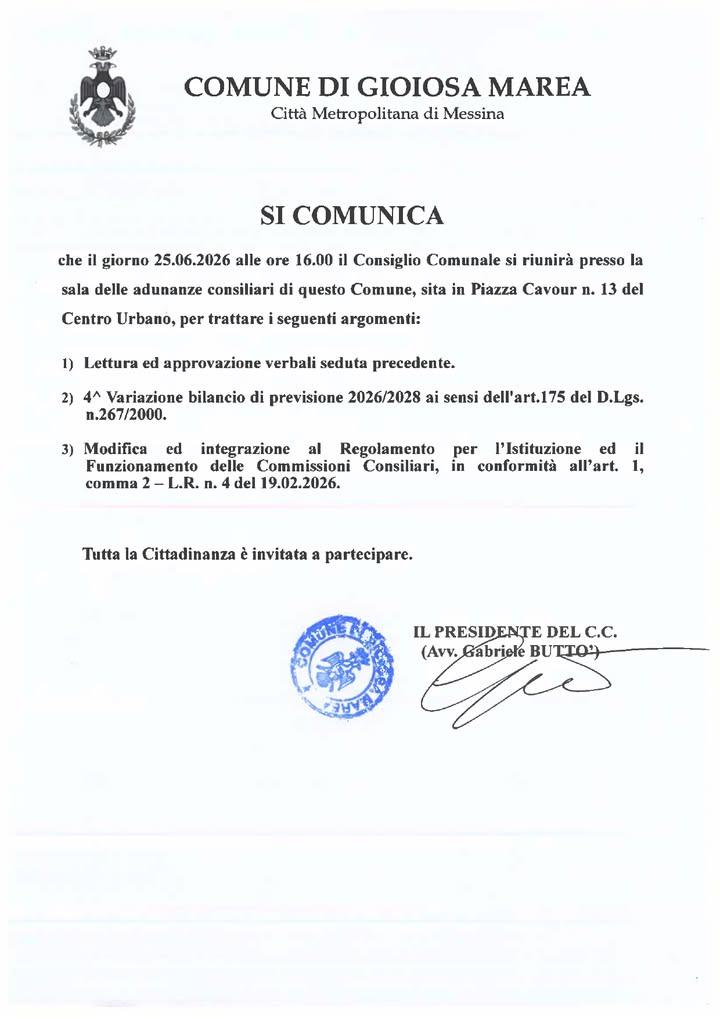 📌Torna a riunirsi il Consiglio Comunale di Gioiosa Marea. Il Presidente Gabriele Buttò ha convocato l'assemblea cittadi...
