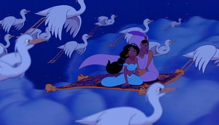 Screenshot from the Disney movie Aladdin showing a magic carpet in the air