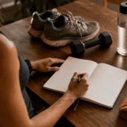 A person writes in a planner at a wooden table with running shoes, a dumbbell, a water bottle, and an orange cloth nearby, suggesting a fitness or workout planning session focused on essential workouts for marathon longevity. Austin Marathon Half Marathon & 5K