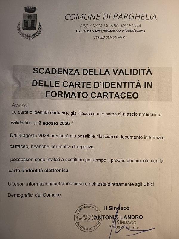 AVVISO. Scadenza validità carte identità formato cartaceo