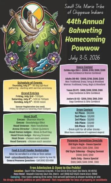 Sault Ste. Marie Tribe of Chippewa Indians 44th Annual Bahweting Homecoming Pow Wow 2026