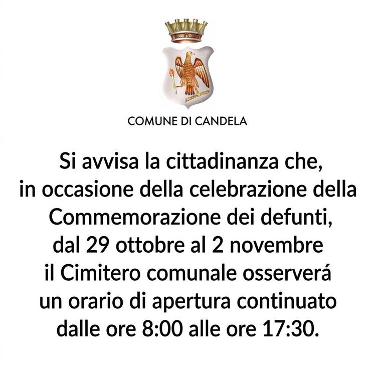 Avviso - Orario di apertura del Cimitero comunale in occasione della celebrazione della Commemorazione dei defunti  Si a...