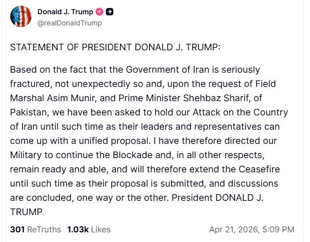 Trump mantém bloqueio marítimo contra Irã e prorroga cessar-fogo