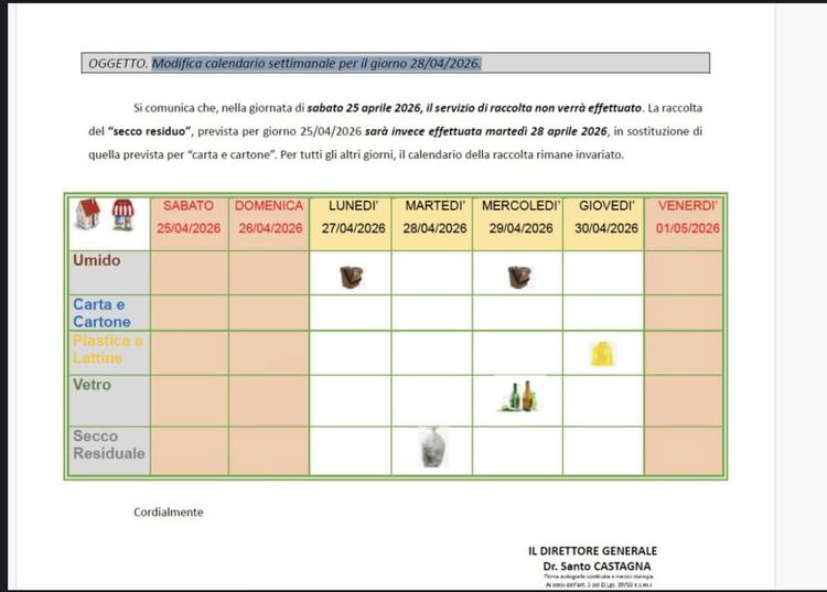 🟢 Avviso alla cittadinanza  Si comunica che, nella giornata di sabato 25 aprile 2026, il servizio di raccolta non verrà...