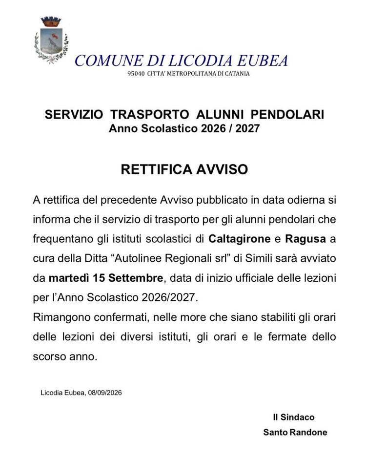 🚍✅ Servizio trasporto alunni pendolari da martedì 15 settembre 2026.