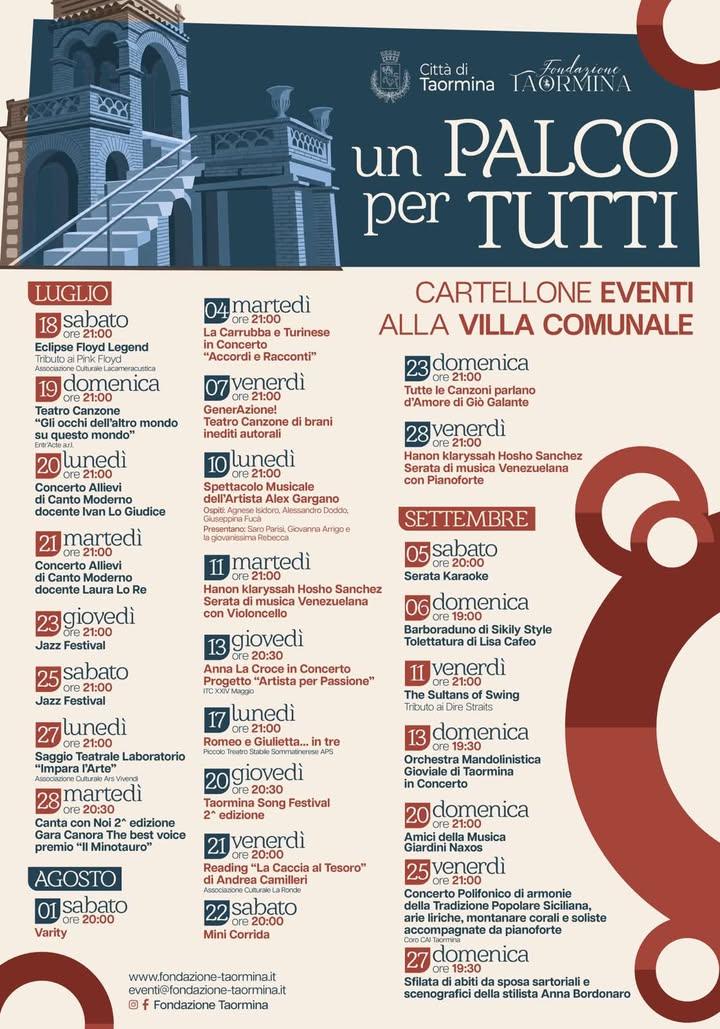 🎭 UN PALCO PER TUTTI: LA VILLA COMUNALE SI ANIMA DI MUSICA, TEATRO E SPETTACOLO La Villa Comunale di Taormina si trasfo...