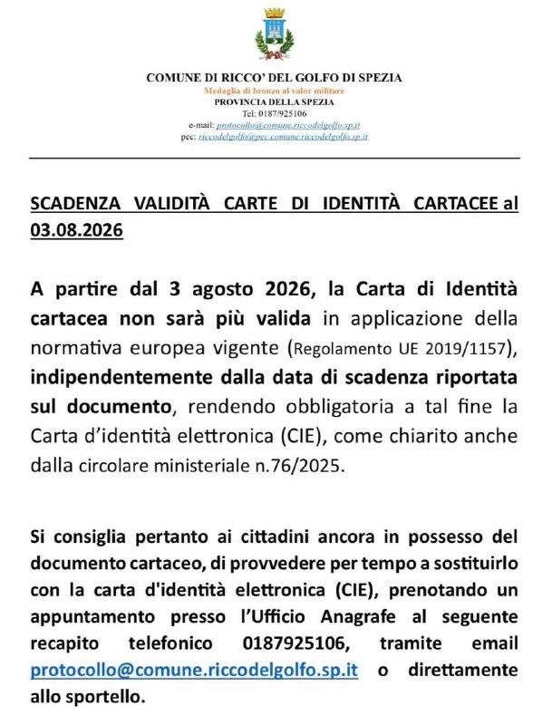 🟦🟦🟦ATTENZIONE, a partire dal 3 agosto 2026, la carta d’identità cartacea non avrà più valore giuridico. (A prescinder...