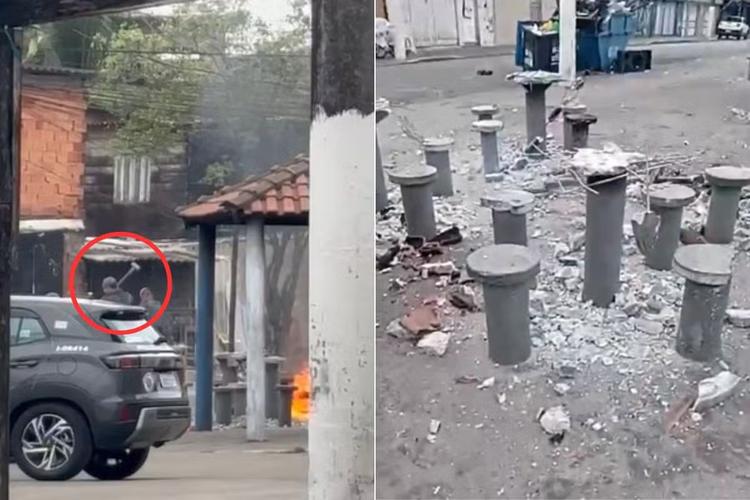 PM analisa ação de policiais filmados quebrando mesas e ateando fogo em praça no litoral de SP