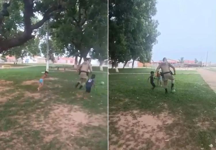 Comandante da PM joga futebol com crianças durante patrulhamento no TO; VÍDEO