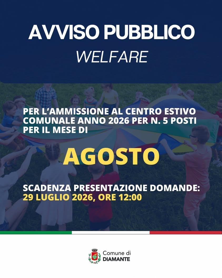 Il Comune di Diamante informa che è stato pubblicato l’avviso per l’ammissione al Centro Estivo Comunale anno 2026, per...