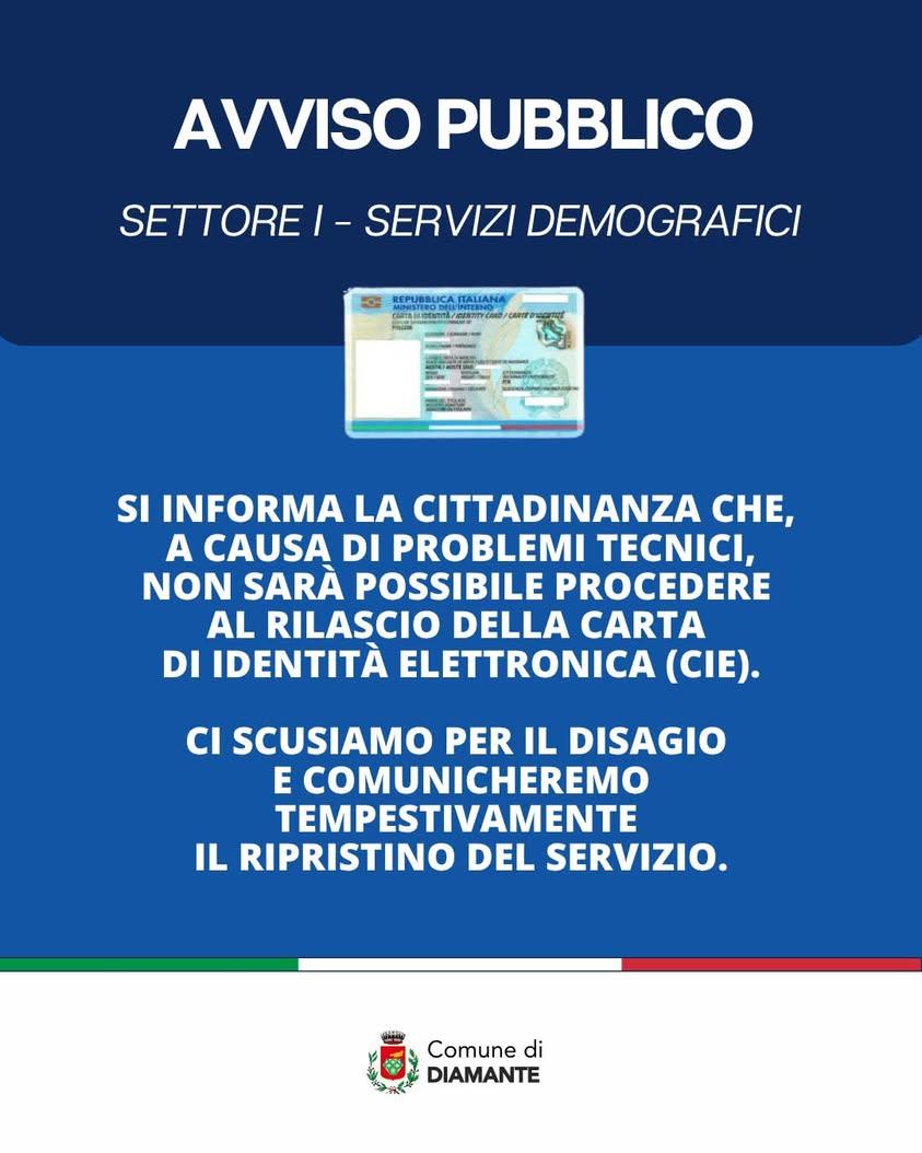 Si informa la cittadinanza che, a causa di problemi tecnici, al momento non è possibile procedere al rilascio della Cart...