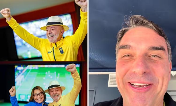 Presidenciáveis celebram vitória do Brasil; Flávio Bolsonaro usa número de Martinelli e Lula posa com Janja