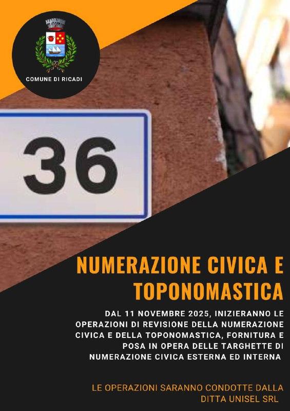 Avviso ‼️ - Da domani 11 novembre inizieranno le operazioni di revisione della numerazione civica e della toponomastica...