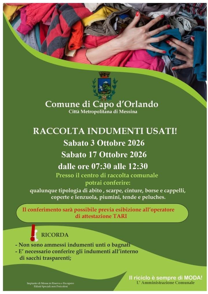 Il comune di Capo d’Orlando informa che, per il mese di Ottobre, il servizio di raccolta di indumenti usati verrà svolto...