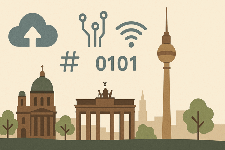Digitalisierungssymbole mit Berliner Wahrzeichen im Hintergrund.