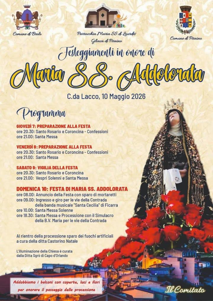 📌Festeggiamenti in onore di Maria SS. Addolorata🙏🏻 📍contrada Lacco 🗓️ 7-10 maggio 2026