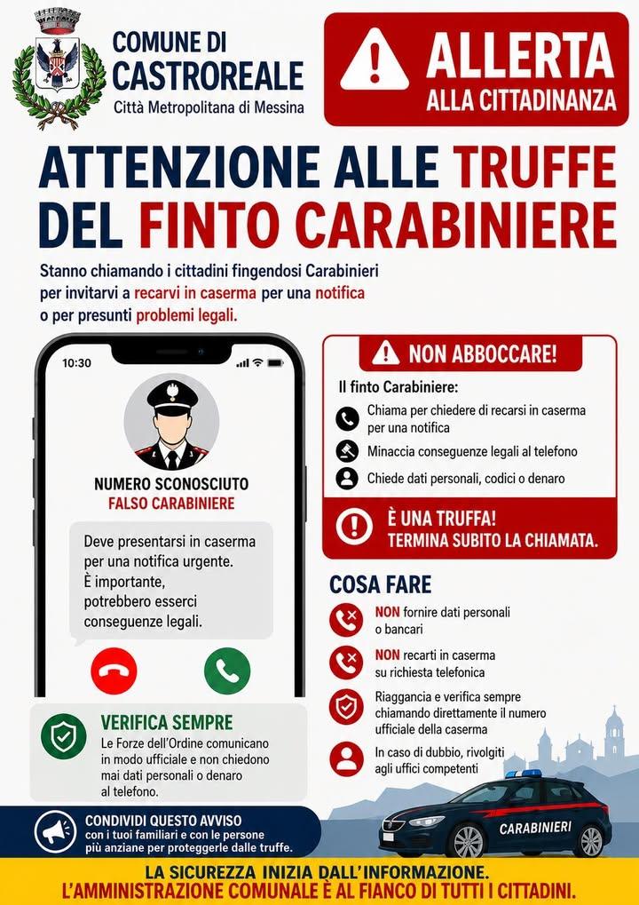 🚨 ALLERTA ALLA CITTADINANZA 🚨 Si segnalano tentativi di truffa telefonica da parte di persone che si spacciano per Car...