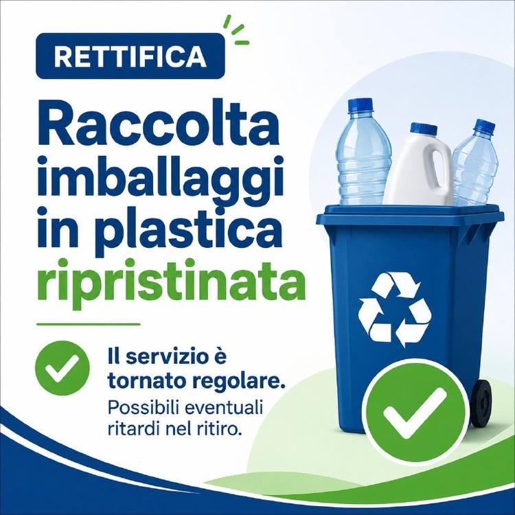 Raccolta imballaggi in plastica ripristinata - Si informa che il servizio di raccolta degli imballaggi in plastica è sta...