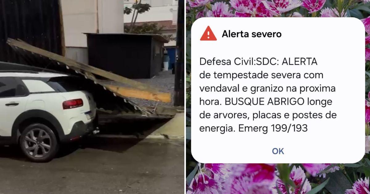 Vídeo: chuva intensa com granizo derruba portão e atinge carro em Balneário Camboriú
