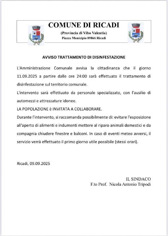 Avviso trattamento disinfestazione