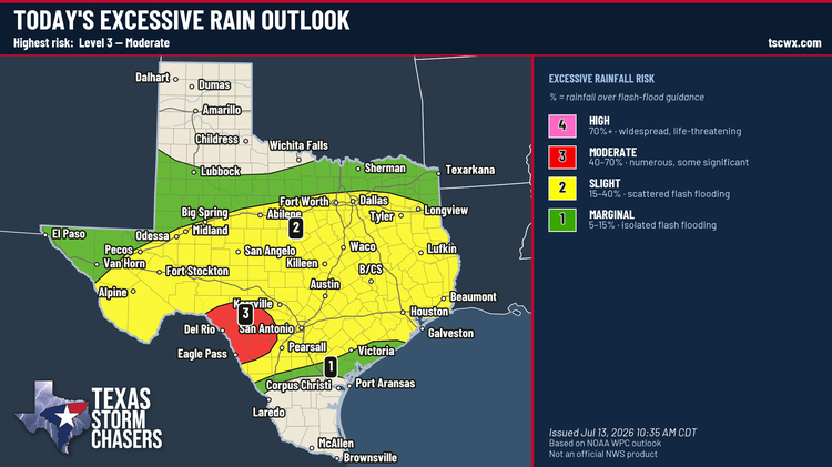 Texas excessive rain outlook for today showing a Level 3 moderate flash flooding risk near the Hill Country and South-Central Texas.
