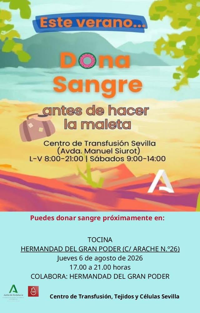 CAMPAÑA DE DONACIÓN DE SANGRE EN TOCINA El jueves, 6 de agosto, habrá una campaña de donación en Tocina. Será en la Herm...