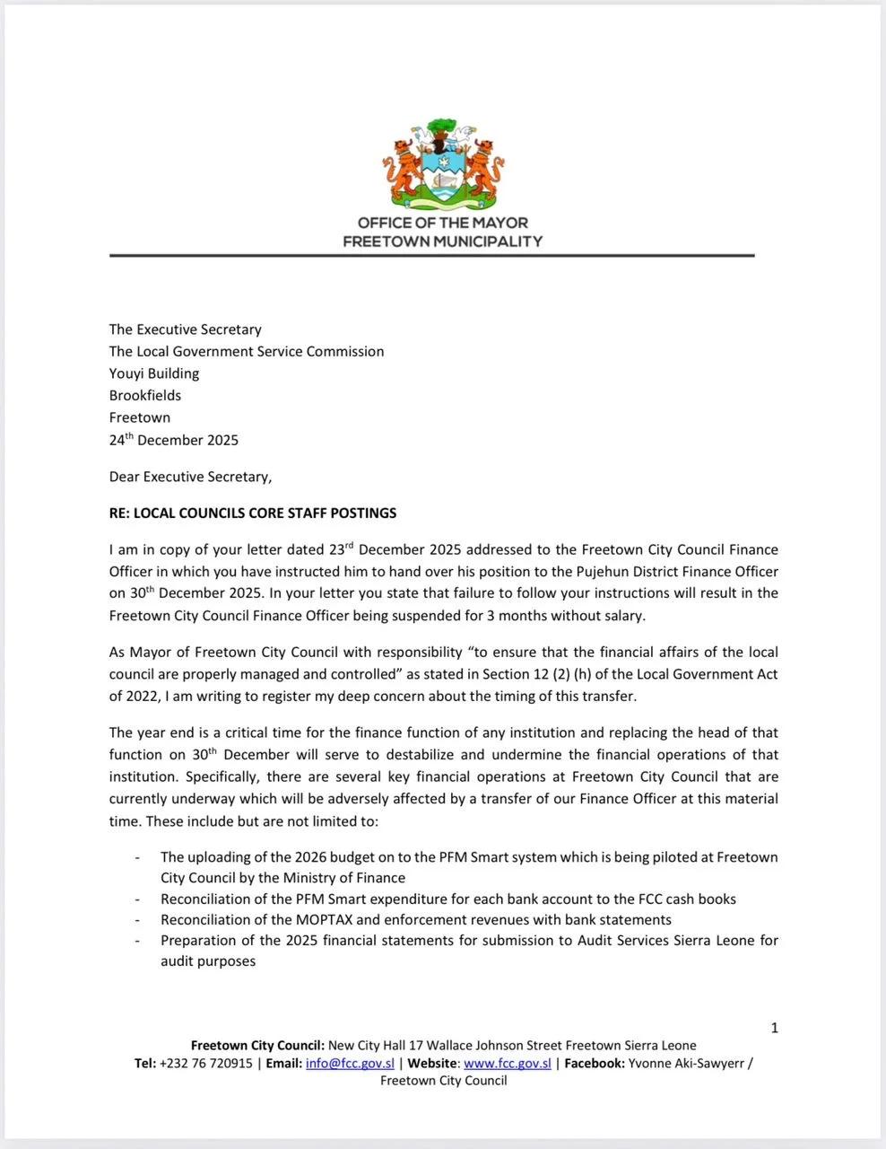 Mayor Aki-Sawyerr Raises Alarm Over Planned Transfer of FCC Finance Officer at Year-End