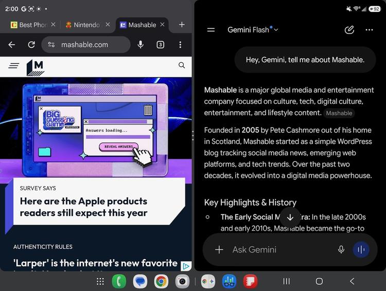 mashable homepage and gemini app open side-by-side on galaxy z fold 8 screen