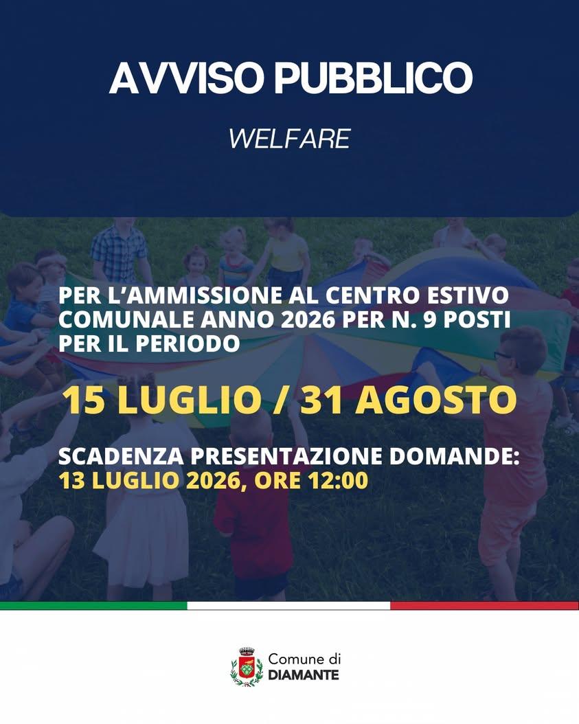 Il Comune di Diamante informa che è stato pubblicato l’avviso per l’ammissione al Centro Estivo Comunale anno 2026, per...