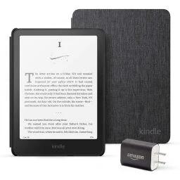 a kindle paperwhite, cover, and power adapter against a white background