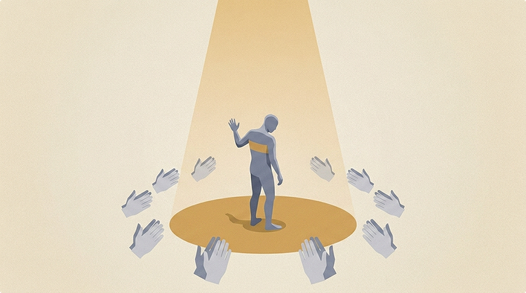 A lone figure stands in a spotlight, ringed by disembodied clapping hands, raising one hand and turning slightly away, uneasy with the applause.