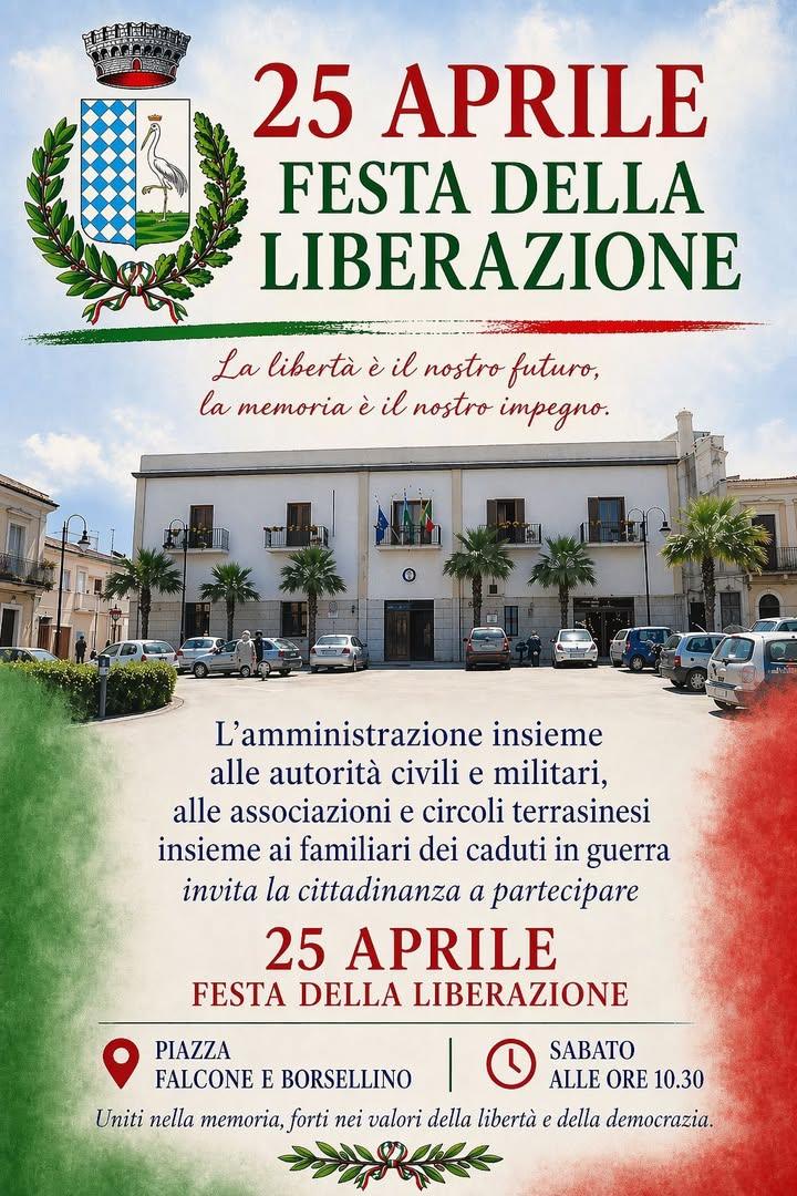 📢 25 APRILE – FESTA DELLA LIBERAZIONE L’Amministrazione Comunale invita tutta la cittadinanza a partecipare alla cerimo...