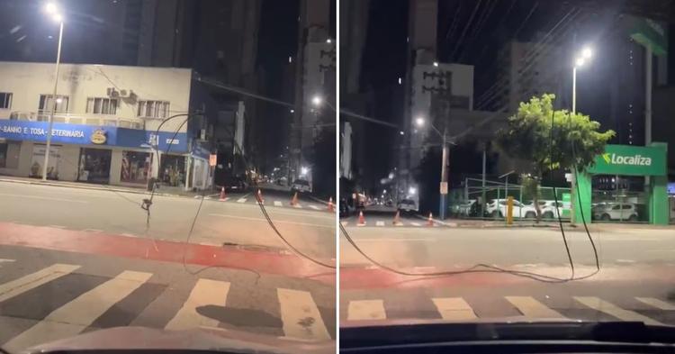 Caminhão atinge fiação e deixa fios soltos no Centro de Balneário Camboriú